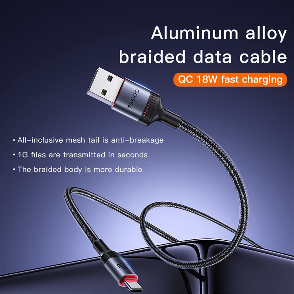USB-A to USB-C Data and Charging Cable Yesido CA130C, 18W, 2m, Black
