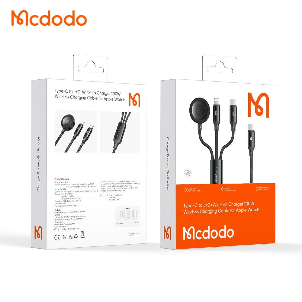 USB-C - Lightning / USB-C / QI McDodo CA-4940 3in1 Charging Cable, 100W, 1.2m, Black