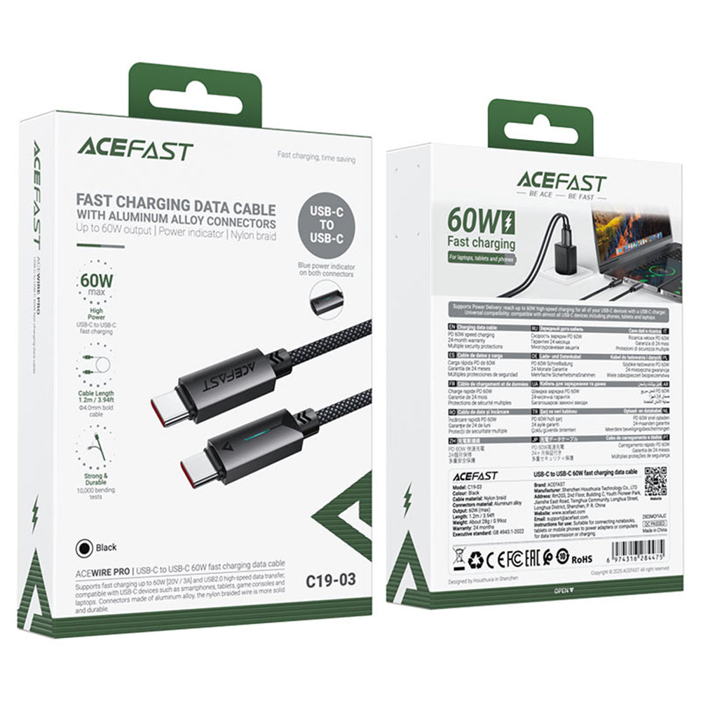 USB-C Data and Charging Cable - USB-C Acefast C19-03, 60W, 1.2m, Black