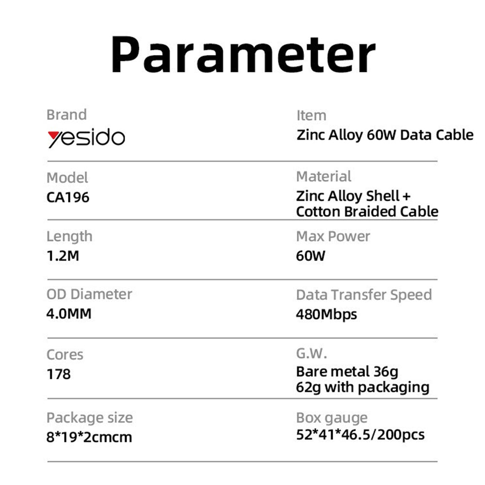 USB-C Data and Charging Cable - USB-C Yesido CA196, 60W, 1.2m, Black