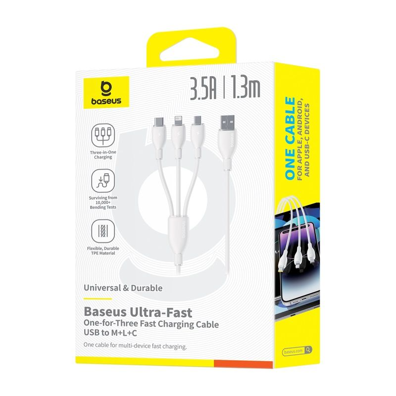 USB-A Charging Cable - Lightning / microUSB / USB-C Baseus Ultra Fast 3in1, 18W, 1.3m, White P10376303211-00
