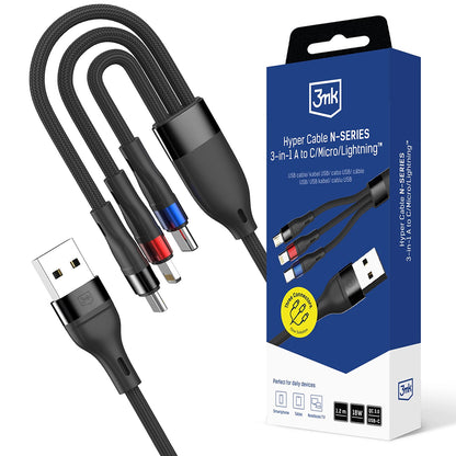 USB-A Charging Cable - Lightning / microUSB / USB-C 3MK Hyper N, 18W, 1.2m, Black
