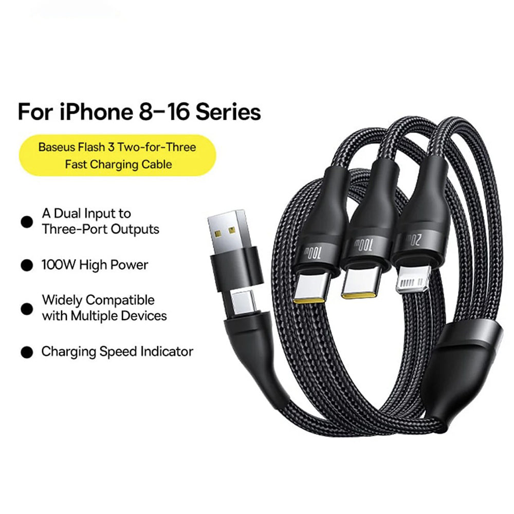 USB-A / USB-C - Lightning / 2 x USB-C Baseus Flash Series III 3in1 Charging Cable, 100W, 1.5m, Black P10377800U01-00