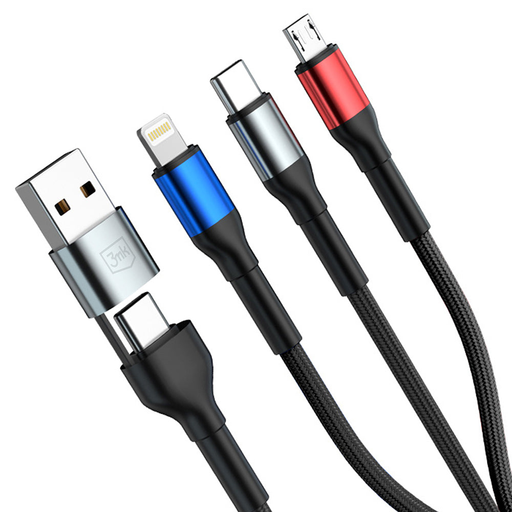 USB-A / USB-C Charging Cable - Lightning / microUSB / USB-C 3MK Hyper N, 18W, 1.2m, Black