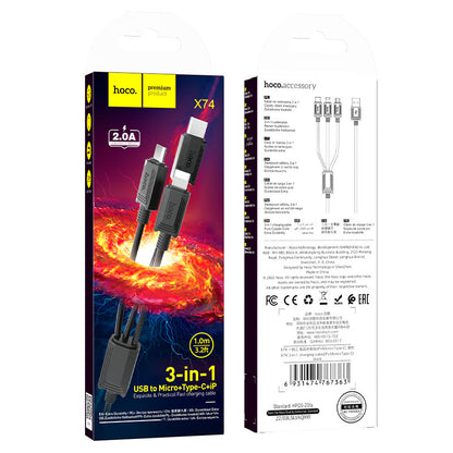 USB-A Charging Cable - Lightning / microUSB / USB-C HOCO X74 3in1, 18W, 1m, Black