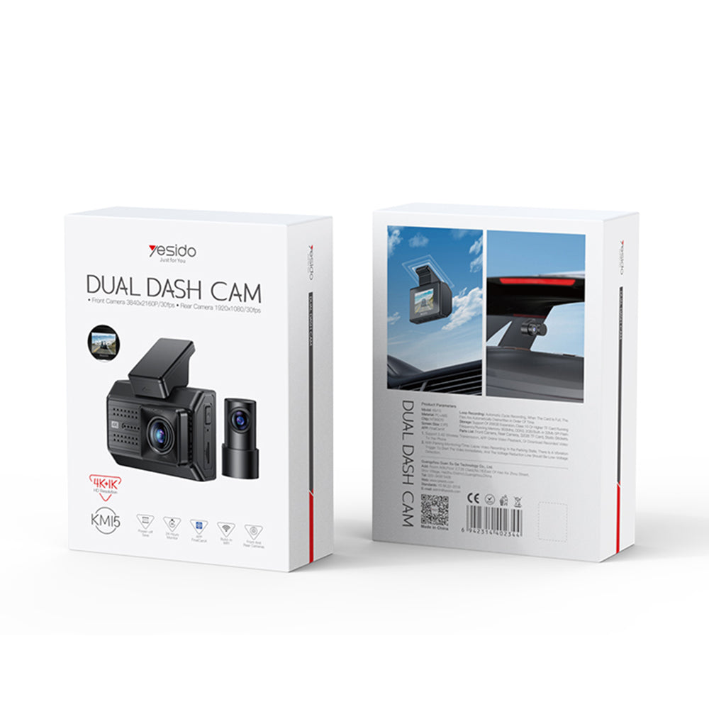 Yesido KM15 Front and Rear Car Camera, 4K, Wi-Fi, 2-inch Display