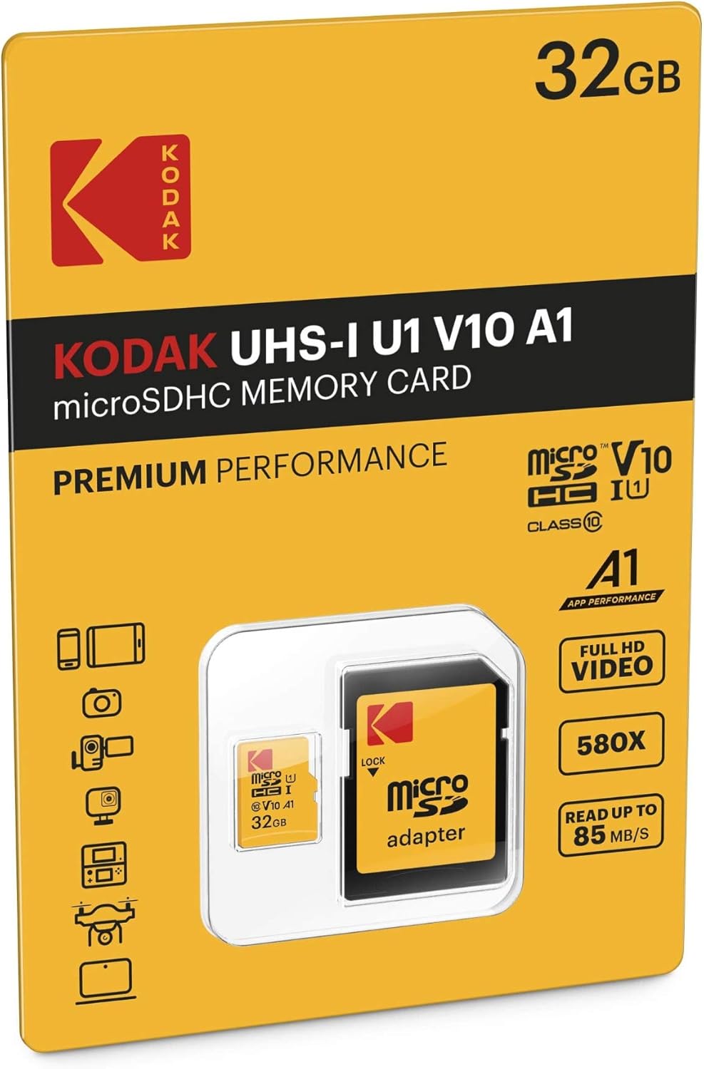 Kodak Premium Performance microSDHC Memory Card, 32Gb, Class 10 / UHS-1 U1, With Adapter EKMSDM32GHC10K
