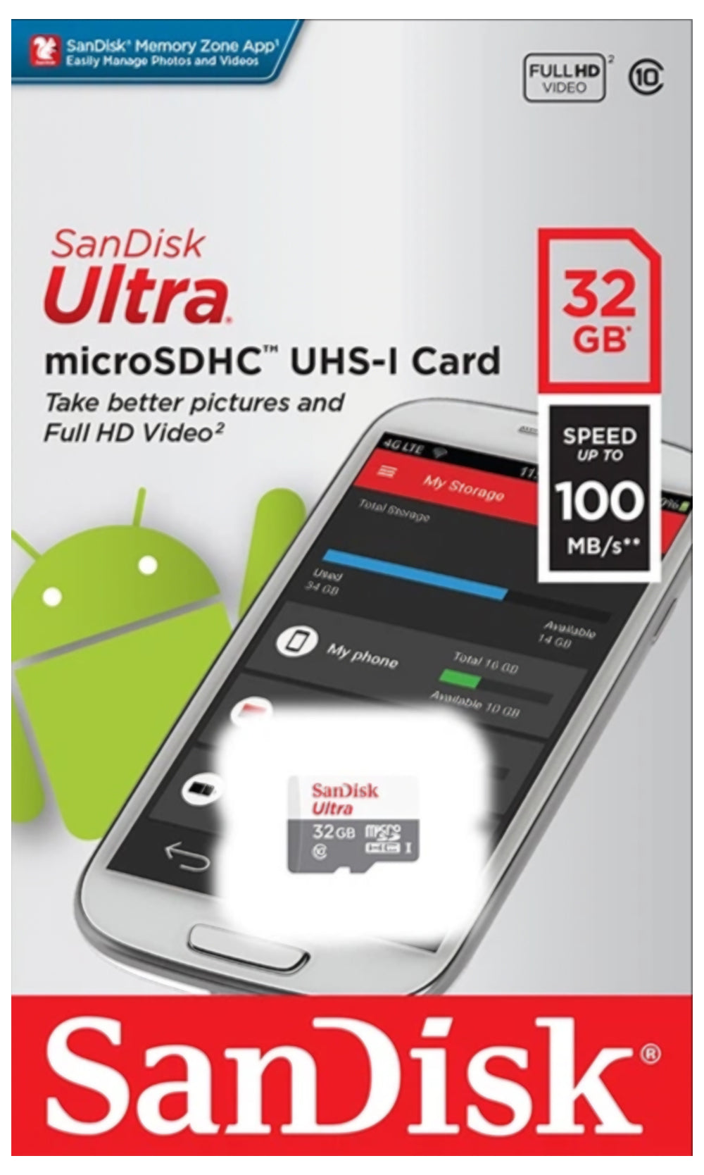 SanDisk Ultra microSDHC Memory Card, 32Gb, Class 10 SDSQUNR-032G-GN3MN