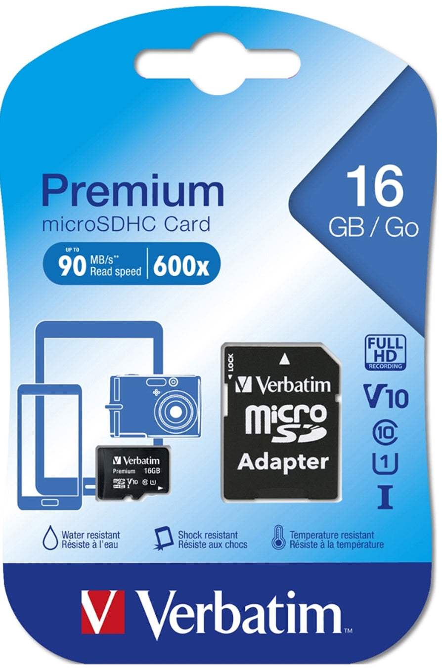 Verbatim microSDHC Memory Card, 16Gb, Class 10 / UHS-1 U1, With Adapter