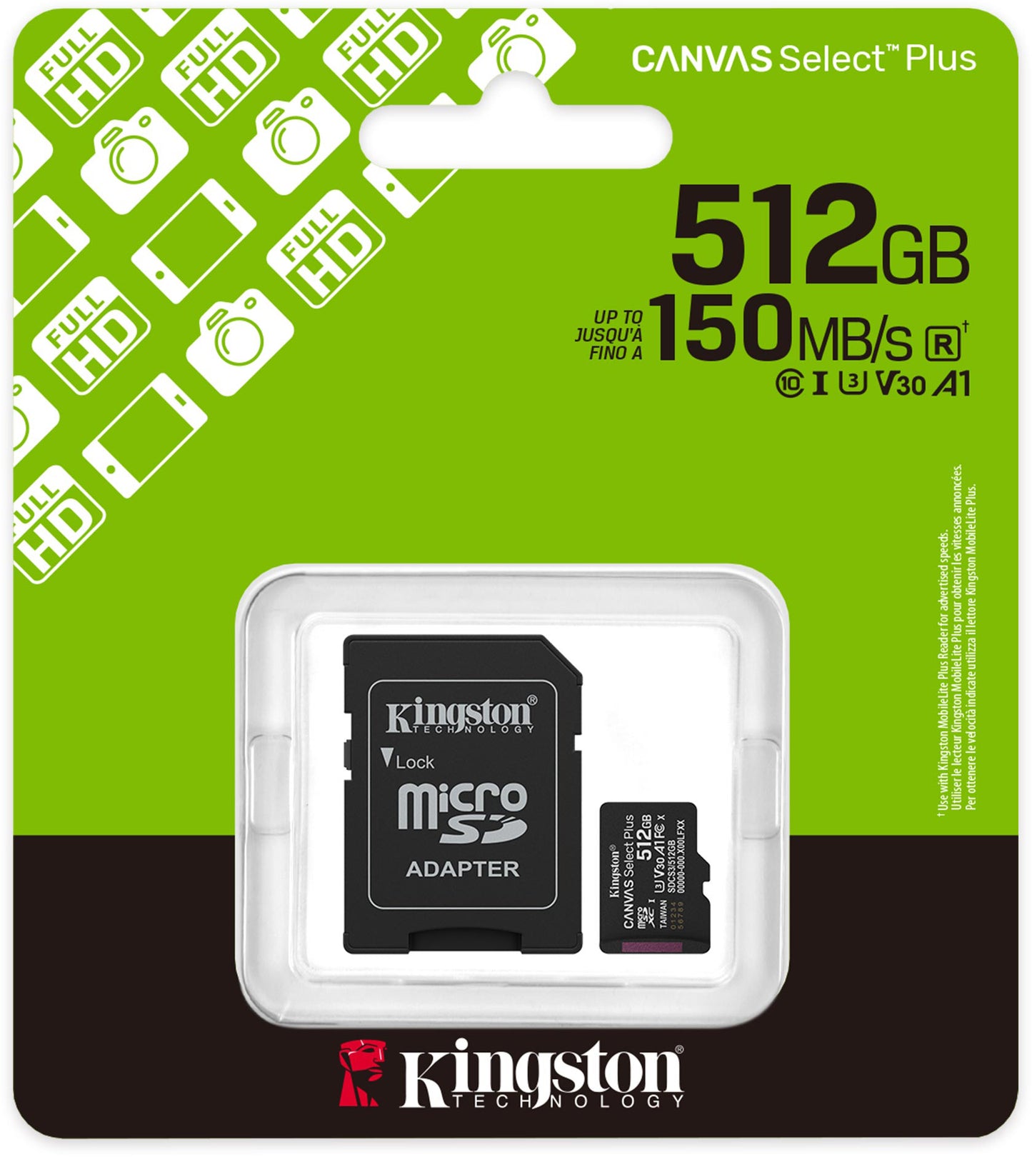 Kingston Canvas Select Plus Android A1 microSDXC Memory Card, 512Gb, Class 10 / UHS-1 U3, With Adapter SDCS3/512GB