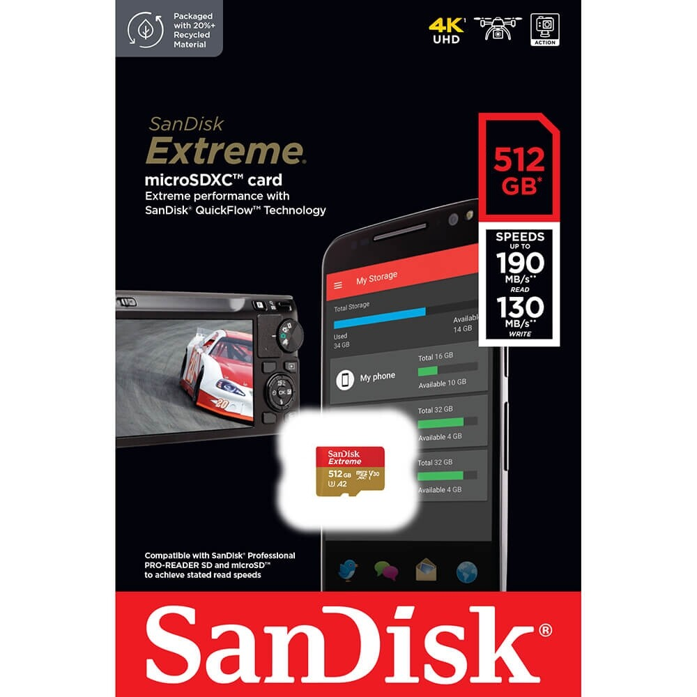 SanDisk Extreme microSDXC Memory Card, 512Gb, Class 10 / UHS-1 U3 SDSQXAV-512G-GN6MN