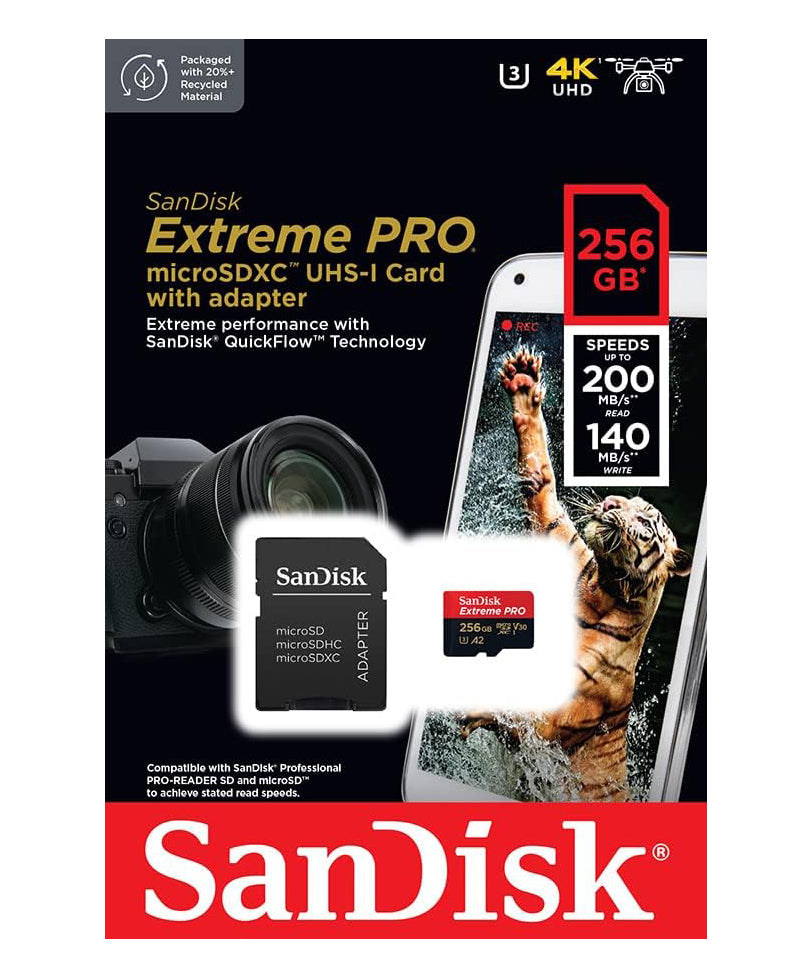 SanDisk Extreme Pro microSDXC Memory Card, 256Gb, Class 10 / UHS-1 U3, With Adapter SDSQXCD-256G-GN6MA