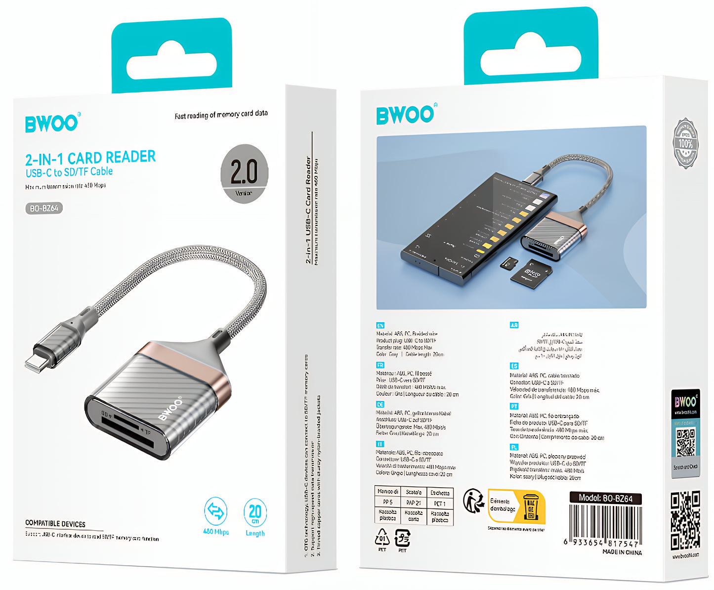 USB-C Card Reader BWOO BZ64, SD - microSD, Gray