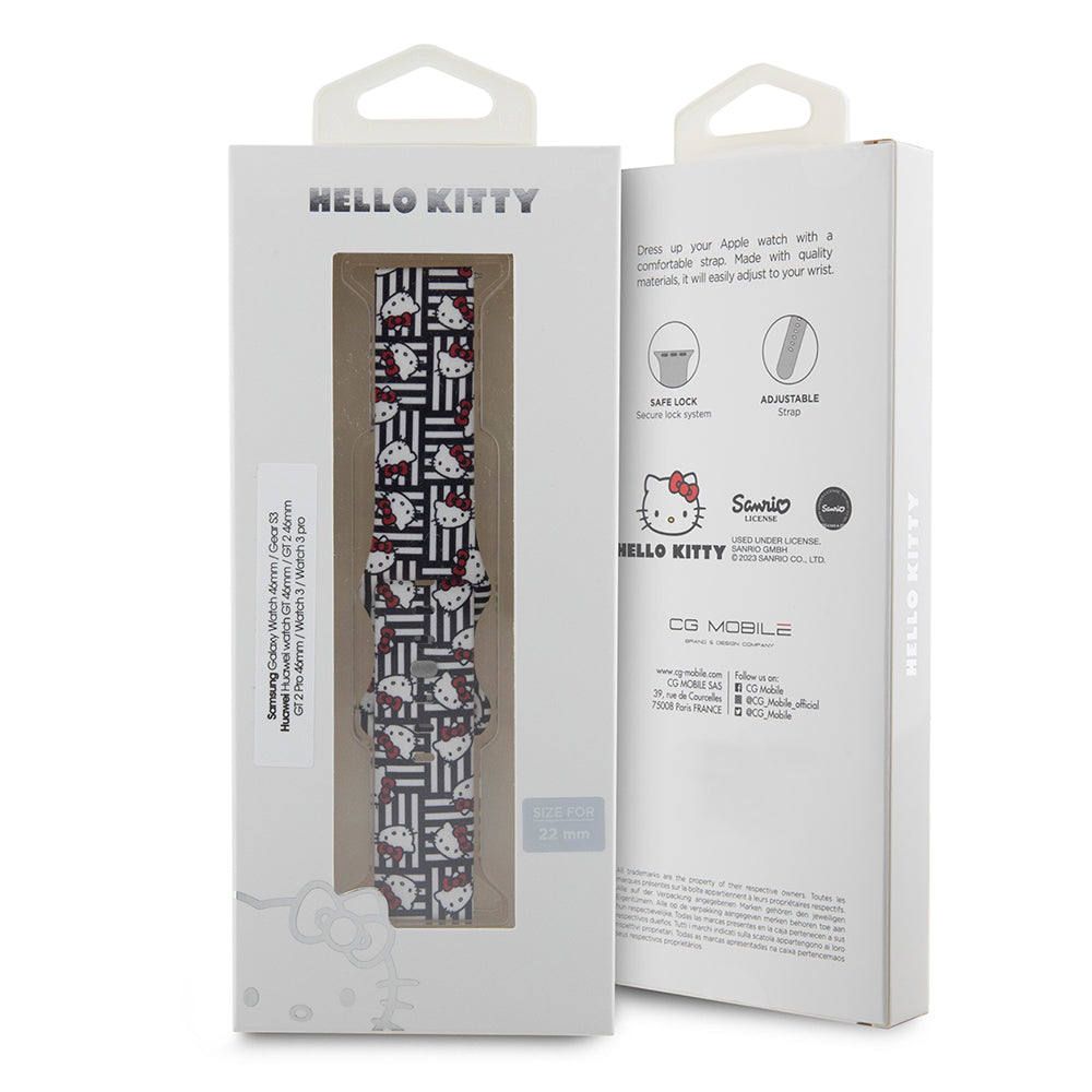 Hello Kitty Silicone Kitty Heads & Stripes Strap for Samsung Galaxy Watch / Huawei Watch Series, Black