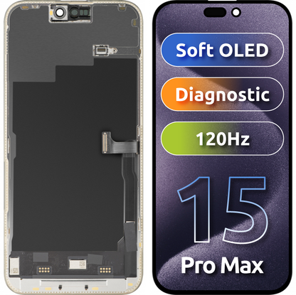 MP Touchscreen Display compatible with Apple iPhone 15 Pro Max, with Frame, Soft OLED FHD 120Hz Diagnostic Version, Black