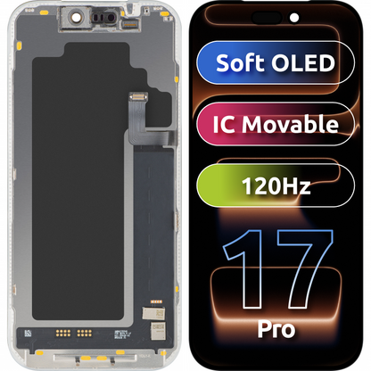 MP Touchscreen Display compatible with Apple iPhone 17 Pro, with Frame, Soft OLED FHD 120Hz IC Movable Version, Black