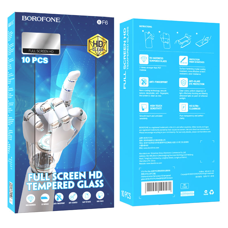 Screen Protector Borofone BF6 Diamond Armor for Apple iPhone 15 Pro, Glass Shielded, Full Glue, Set of 10 pieces, Black 