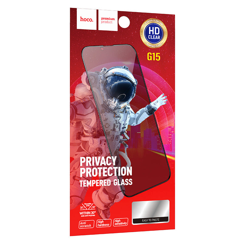 HOCO G15 Privacy Screen Protector for Apple iPhone 15 Pro Max, Tempered Glass, Full Glue, 5D
