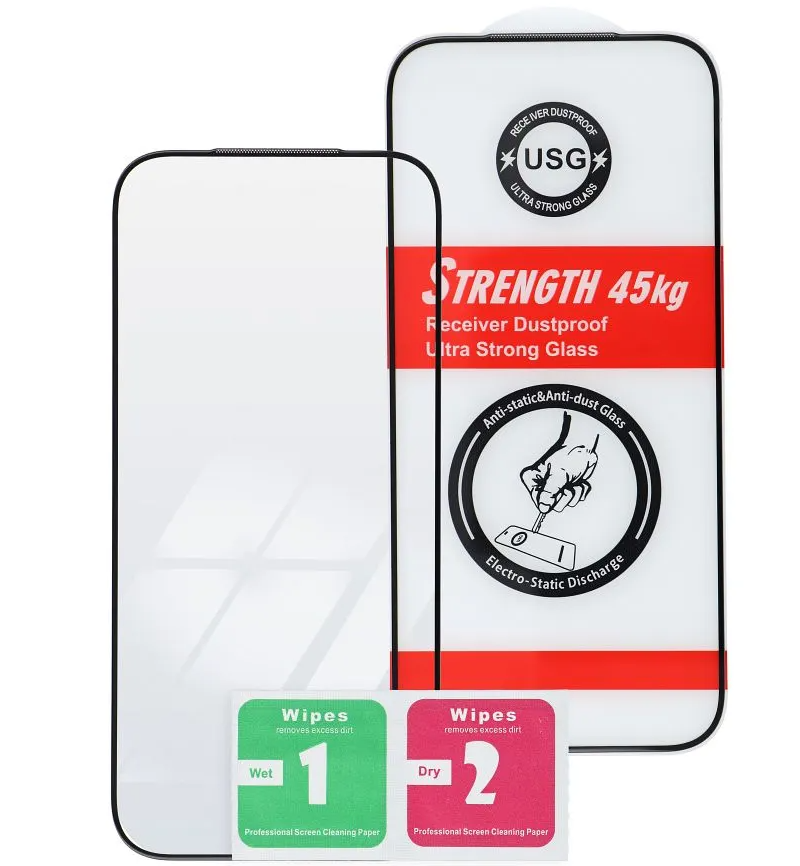 OEM Ultra Strong 45KG Screen Protector for Apple iPhone 15 Pro, Tempered Glass, Full Glue, 2.5D, Black