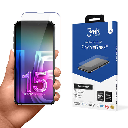 3MK FlexibleGlass Screen Protector for Apple iPhone 15, Flexible Glass, Full Glue