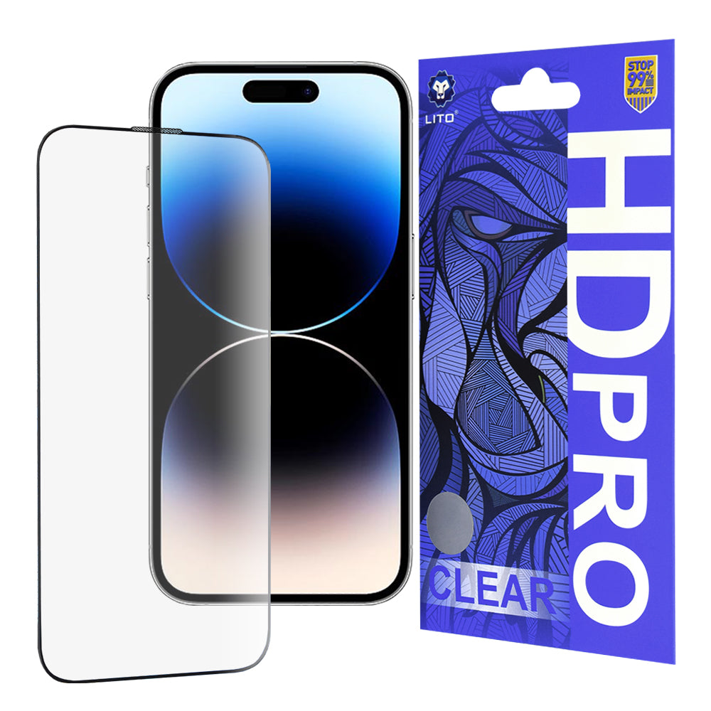 Lito HD Pro Clear Screen Protector for Apple iPhone 14 Pro, Tempered Glass, Full Glue, Black