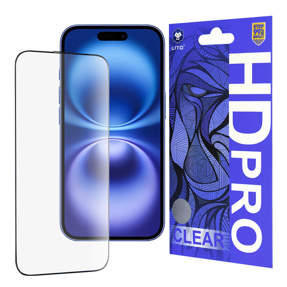 Lito HD Pro Clear Screen Protector for Apple iPhone 16, Tempered Glass, Full Glue, Black