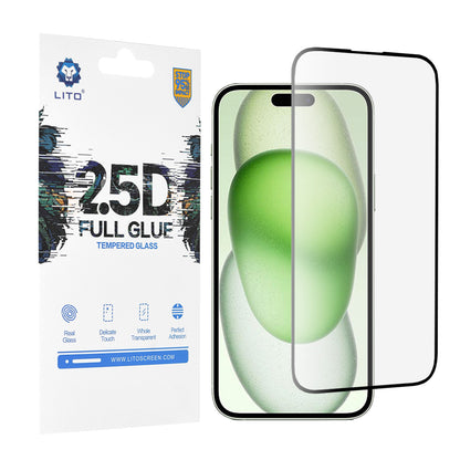 Lito Screen Protector Film for Apple iPhone 15 Plus, Tempered Glass, Full Glue, 2.5D, Black