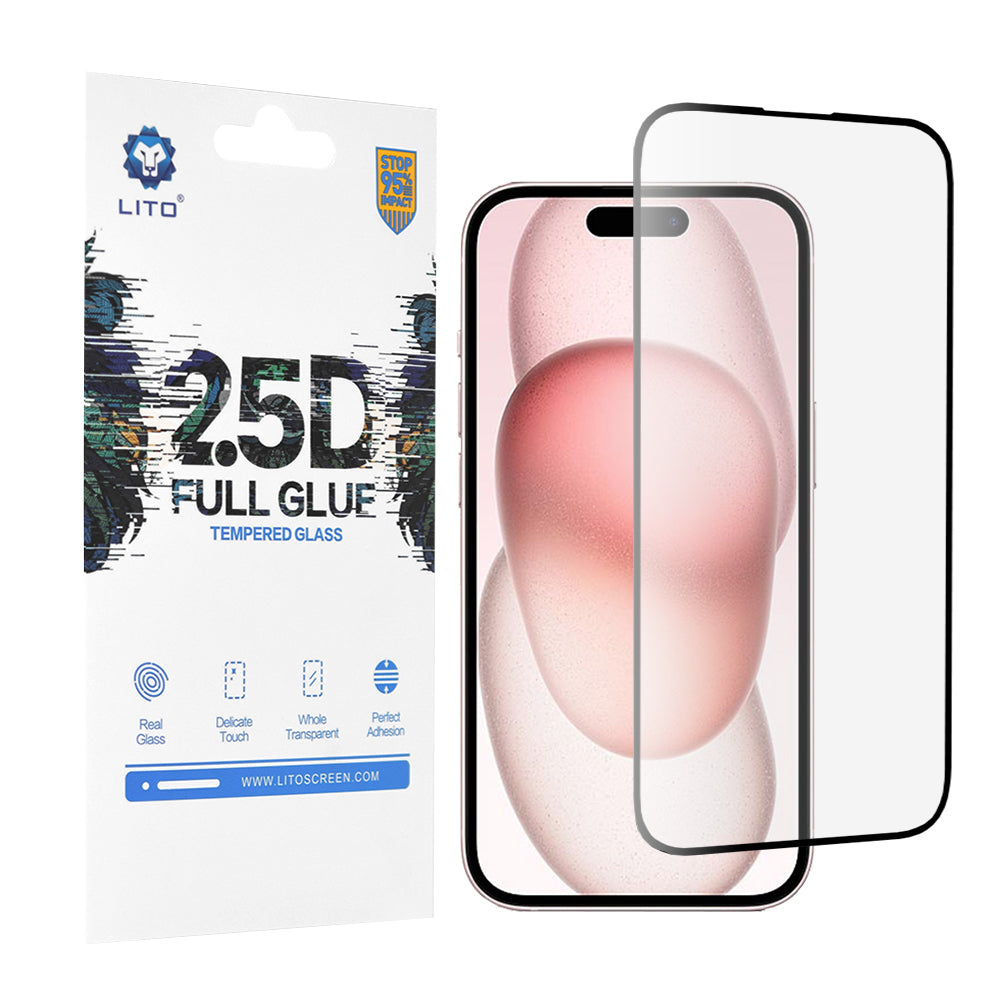 Lito Screen Protector Film for Apple iPhone 15, Tempered Glass, Full Glue, 2.5D, Black