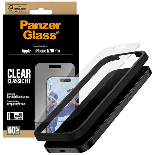 PanzerGlass Classic Fit EasyAligner Screen Protector for Apple iPhone 17 / 16 Pro, Tempered Glass, Full Glue