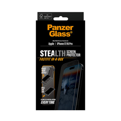 PanzerGlass Ultra-Wide Fit Stealth Fastfit Screen Protector for Apple iPhone 17 / 16 Pro, Tempered Glass, Full Glue, Black