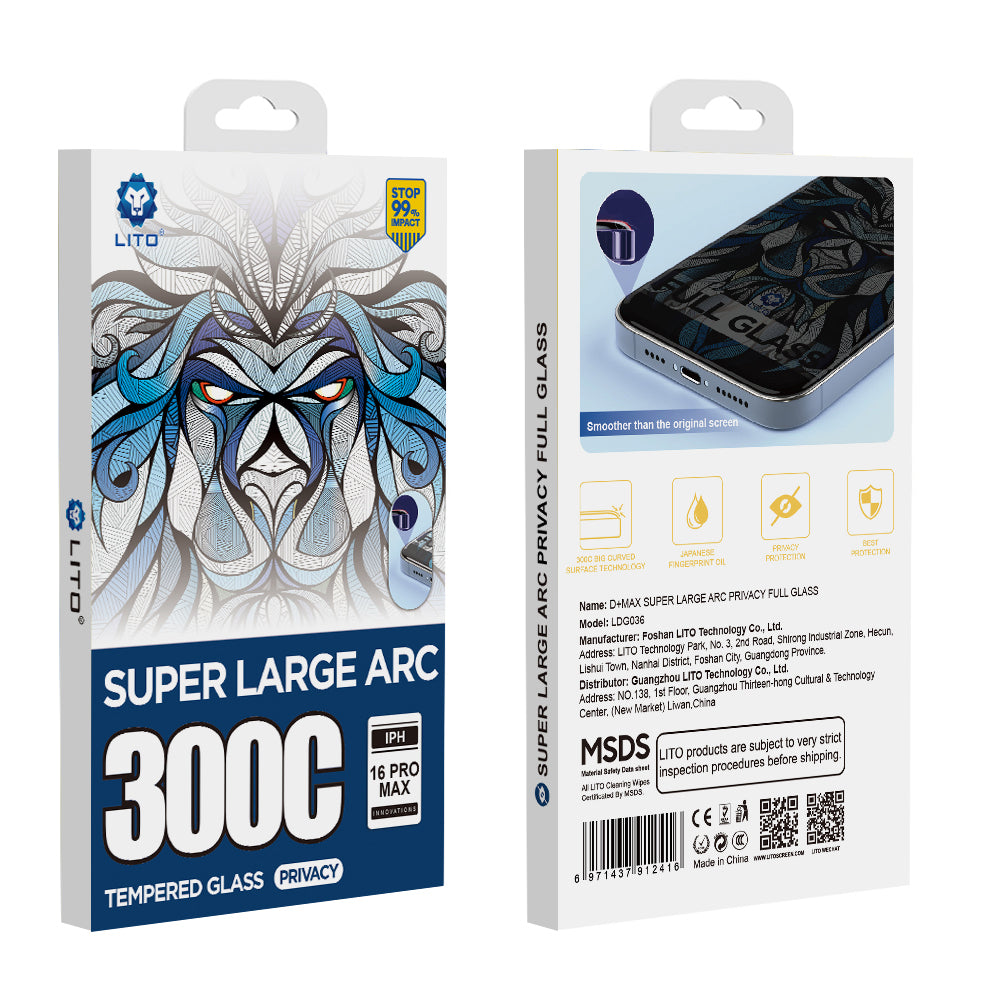 Privacy Screen Protector Lito D+ Max 300C for Apple iPhone 16 Plus, Tempered Glass, Full Glue