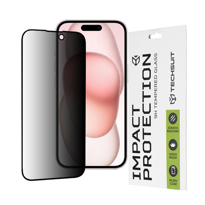 Privacy Techsuit Screen Protector Film for Apple iPhone 16 / 15, Tempered Glass, Full Glue, 111D