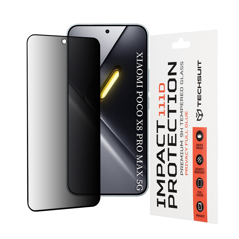 Privacy Techsuit Screen Protector for Xiaomi Poco X8 Pro Max, Tempered Glass, Full Glue, 111D