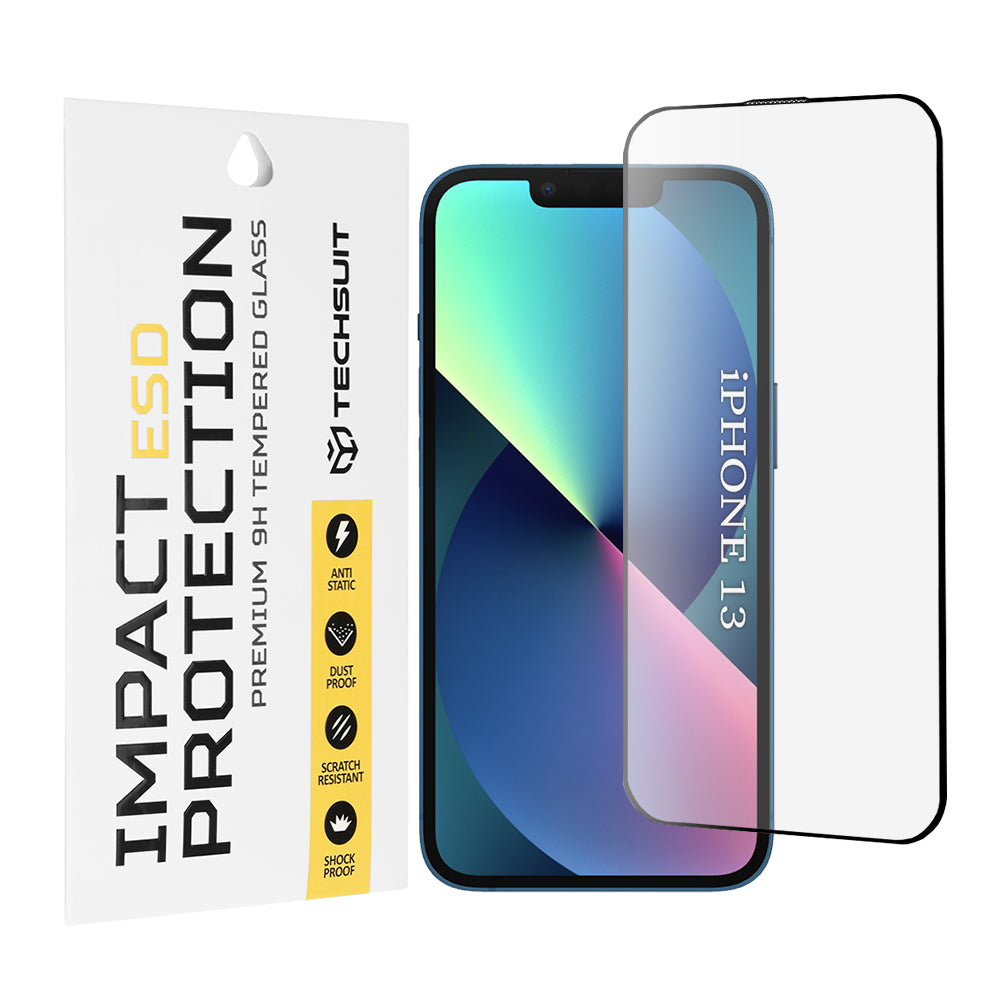 Techsuit Screen Protector Film for Apple iPhone 14 / 13 Pro / 13, Tempered Glass, Full Glue, Black