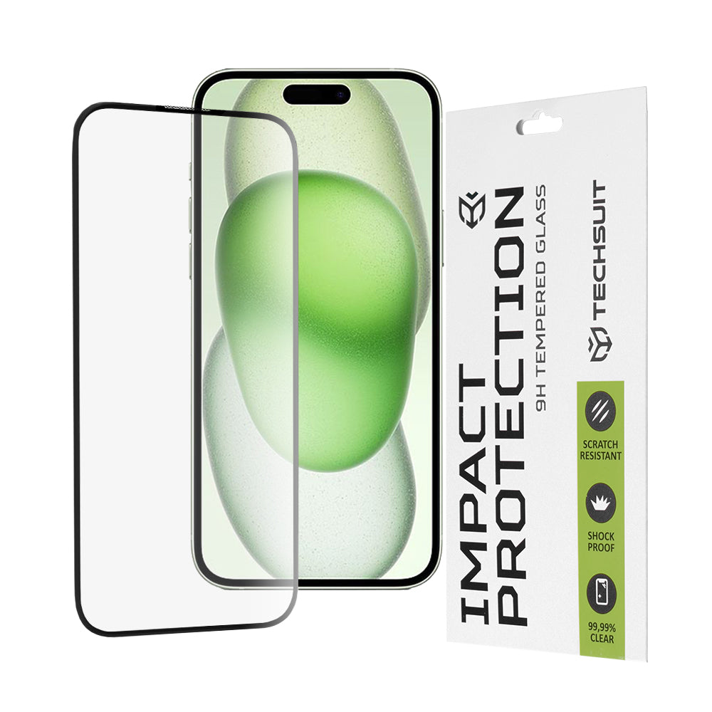 Techsuit Screen Protector Film for Apple iPhone 16 Plus / 15 Plus, Tempered Glass, Full Glue, 111D, Black