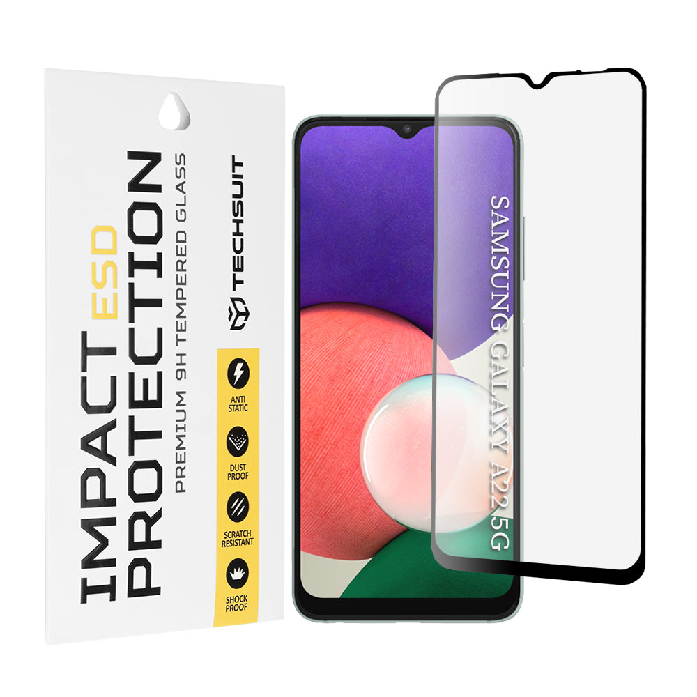 Techsuit Screen Protector Film for Samsung Galaxy A22 5G A226, Tempered Glass, Full Glue, Black