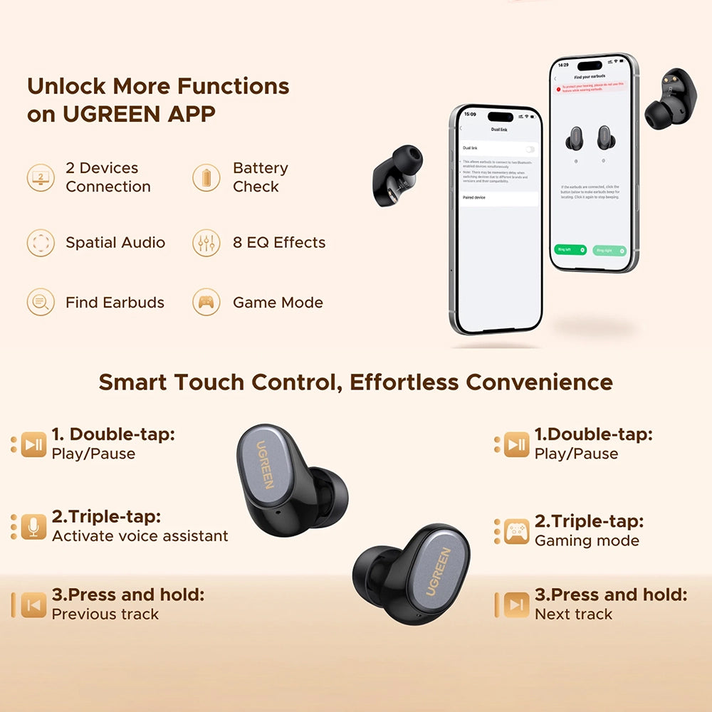 UGREEN Dots Bluetooth Handsfree (75628), TWS, MultiPoint, Black