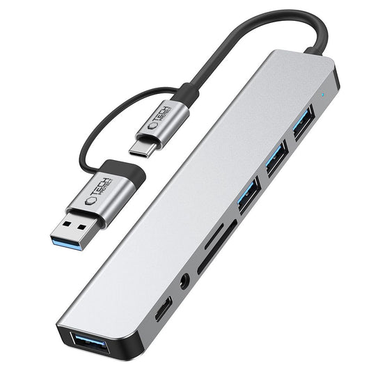 USB / USB-C Hub Tech-Protect HB06, 2 x USB-A 3.0 - 2 x USB-A - 1 x USB-C - 1 x 3.5mm Jack - 1 x SD - 1 x microSD, Gray