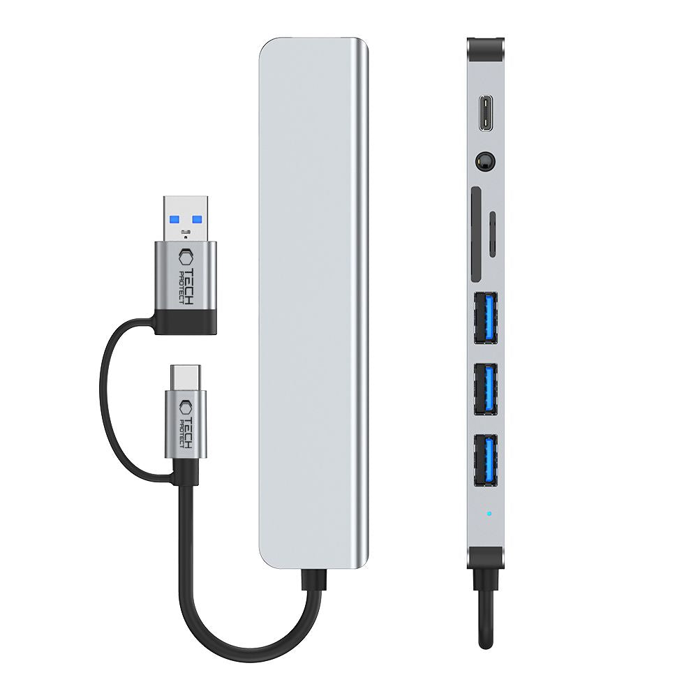 USB / USB-C Hub Tech-Protect HB06, 2 x USB-A 3.0 - 2 x USB-A - 1 x USB-C - 1 x 3.5mm Jack - 1 x SD - 1 x microSD, Gray
