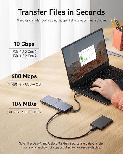 Anker PowerExpand USB-C Hub, 1 x USB-A 3.2 - 2 x USB-A - 2 x USB-C - 1 x Display Port - 1 x HDMI - 1 x 3.5mm Jack - 1 x RJ45 - 1 x SD - 1 x microSD, Gray