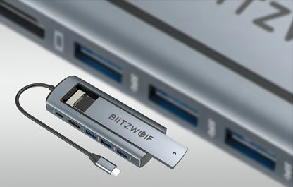 BlitzWolf BW-Neo TH13 USB-C Hub, 3 x USB-A 3.0 - 1 x USB-C - 1 x Display Port - 1 x SSD Interface, Gray