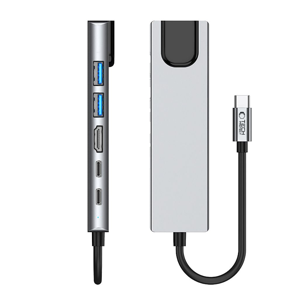 Tech-Protect HB02 USB-C Hub, 1 x USB-A 3.0 - 1 x USB-A - 2 x USB-C - 1 x HDMI - 1 x RJ45, Gray