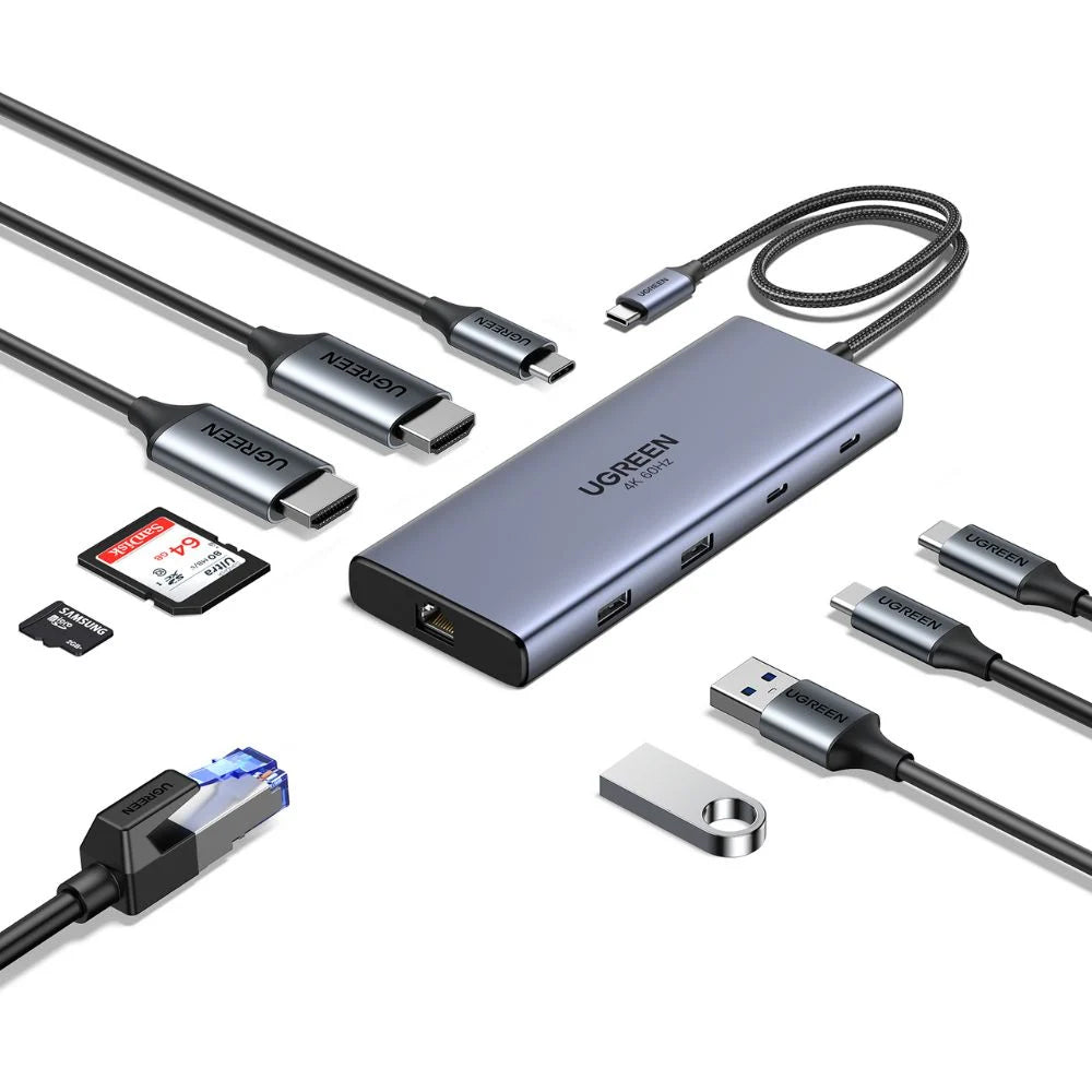 UGREEN CM639 USB-C Hub (45380), 2 x USB-A 3.2 - 3 x USB-C - 2 x HDMI - 1 x RJ45 - 1 x SD - 1 x microSD, Gray