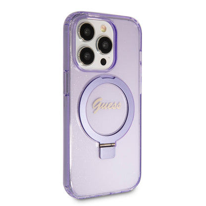 MagSafe Case for Apple iPhone 15 Pro Max, Guess, IML Ring Stand Glitter, Purple GUHMP15XHRSGSU