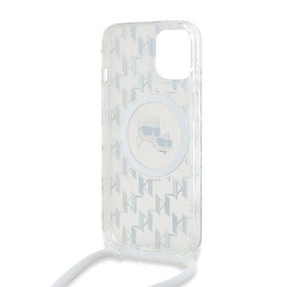 MagSafe Case for Apple iPhone 15, Karl Lagerfeld, IML Crossbody Monogram Karl & Choupette's Heads, Transparent
