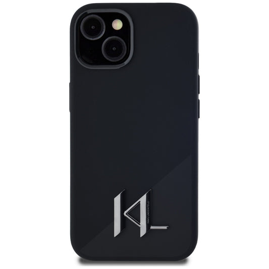 MagSafe Case for Apple iPhone 15, Karl Lagerfeld, Silicone Shadow Metal Initial, Black