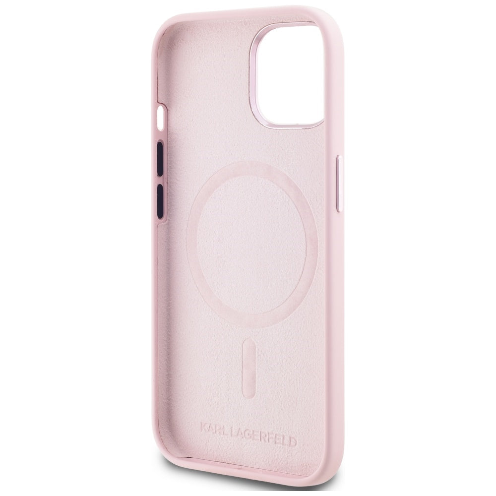MagSafe Case for Apple iPhone 15, Karl Lagerfeld, Silicone Shadow Metal Initial, Pink