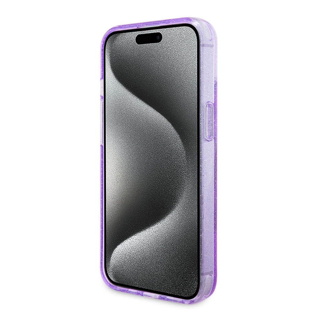 MagSafe Case for Apple iPhone 15 Plus, Guess, Ring Stand Script Glitter, Purple