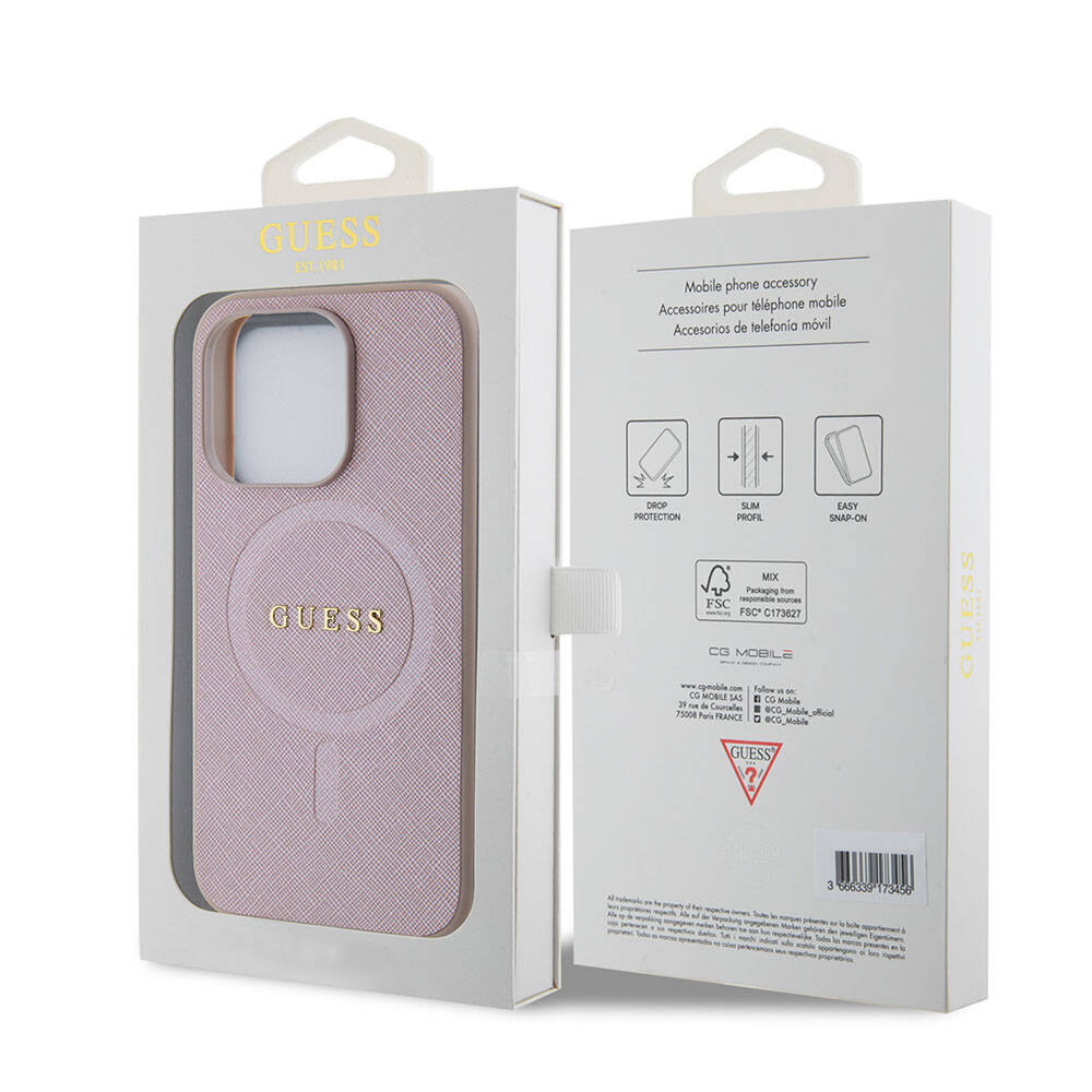 MagSafe Case for Apple iPhone 15 Pro, Guess, Saffiano, Pink