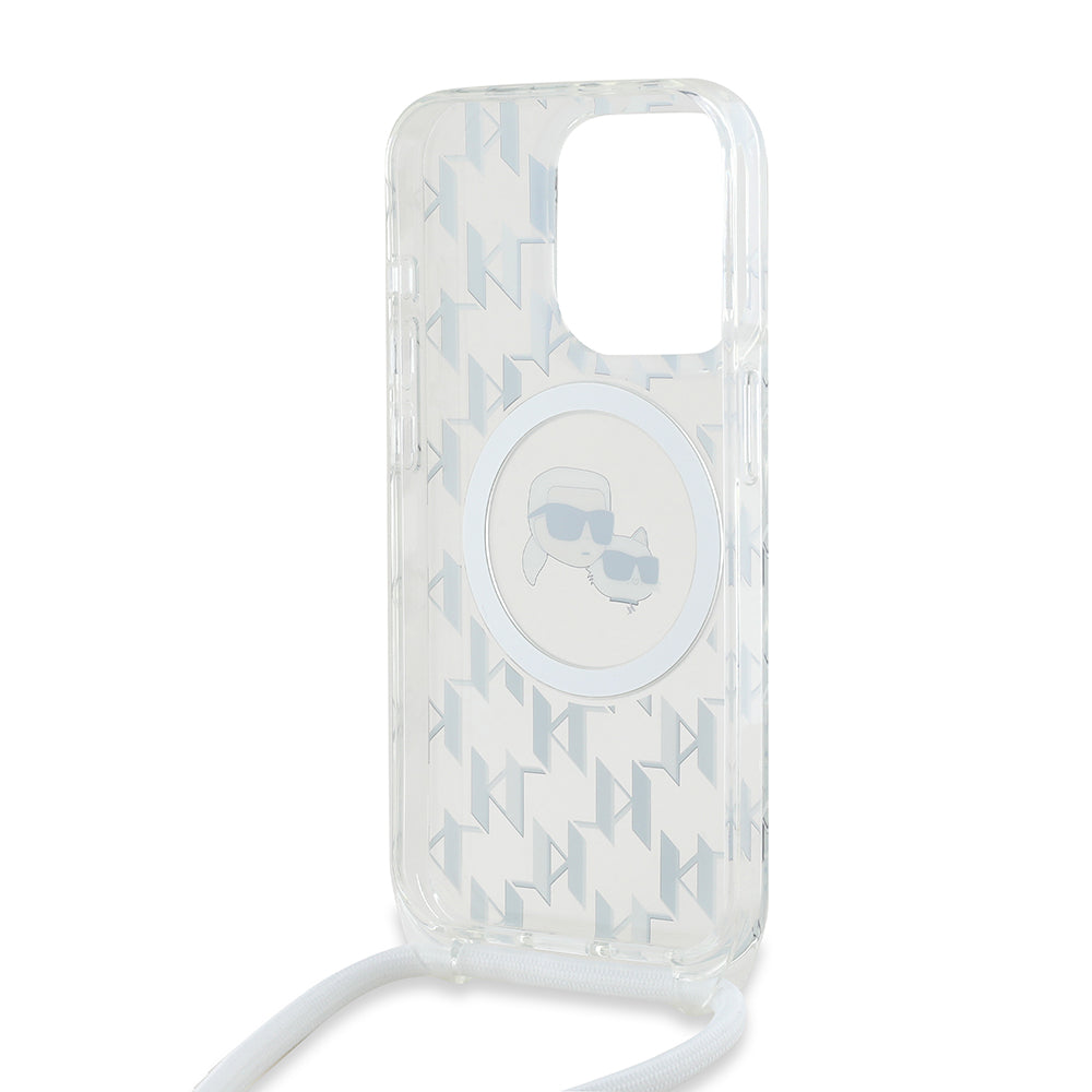 MagSafe Case for Apple iPhone 15 Pro, Karl Lagerfeld, IML Crossbody Monogram Karl & Choupette's Heads, Transparent